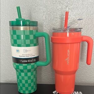 Mainstays Green Checkered Tumbler and Reduce Orange Tumbler Set